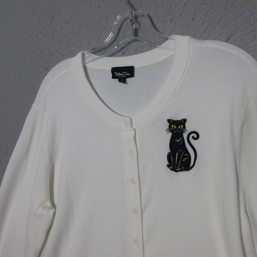 Retro Chic by Torrid Cardigan White Black Cat Embroidered Rockabilly Pin Up MCM